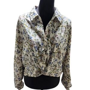 7th Avenue New York & Company Floral Button-Up Blouse XL White Multicolor